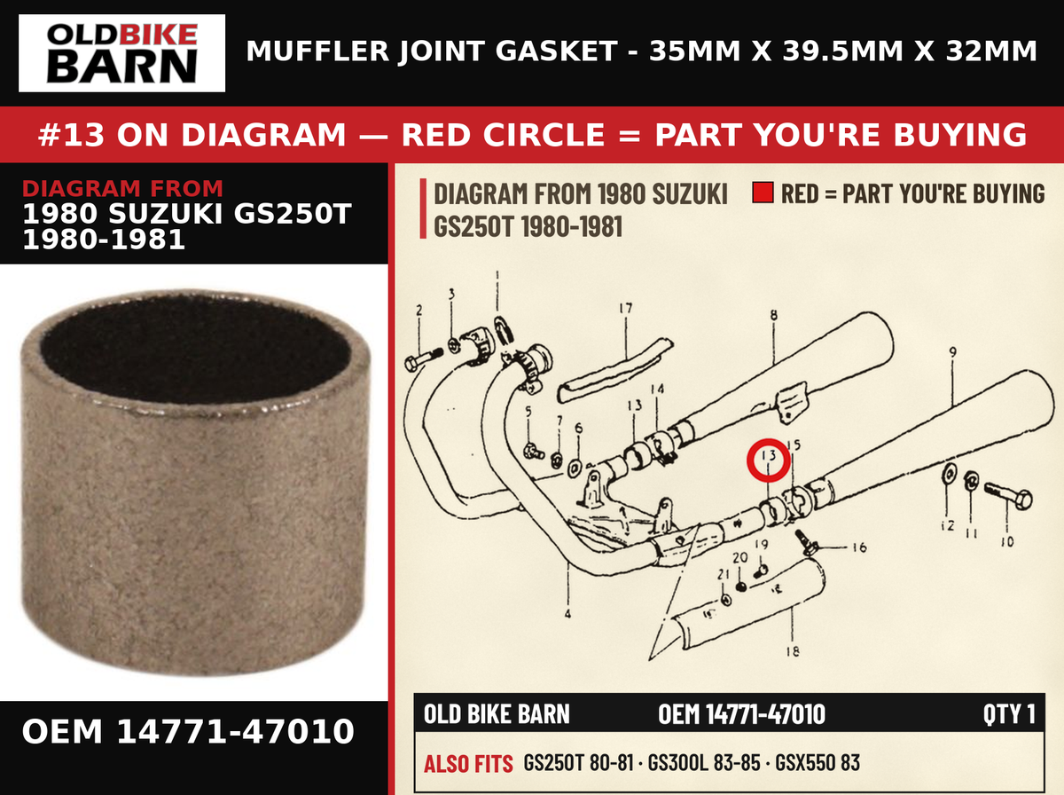 MUFFLER JOINT GASKET - 35MM X 39.5MM X 32MM OEM 14771-47010 diagram #13 from 1980 SUZUKI GS250T 1980-1981 | Old Bike Barn