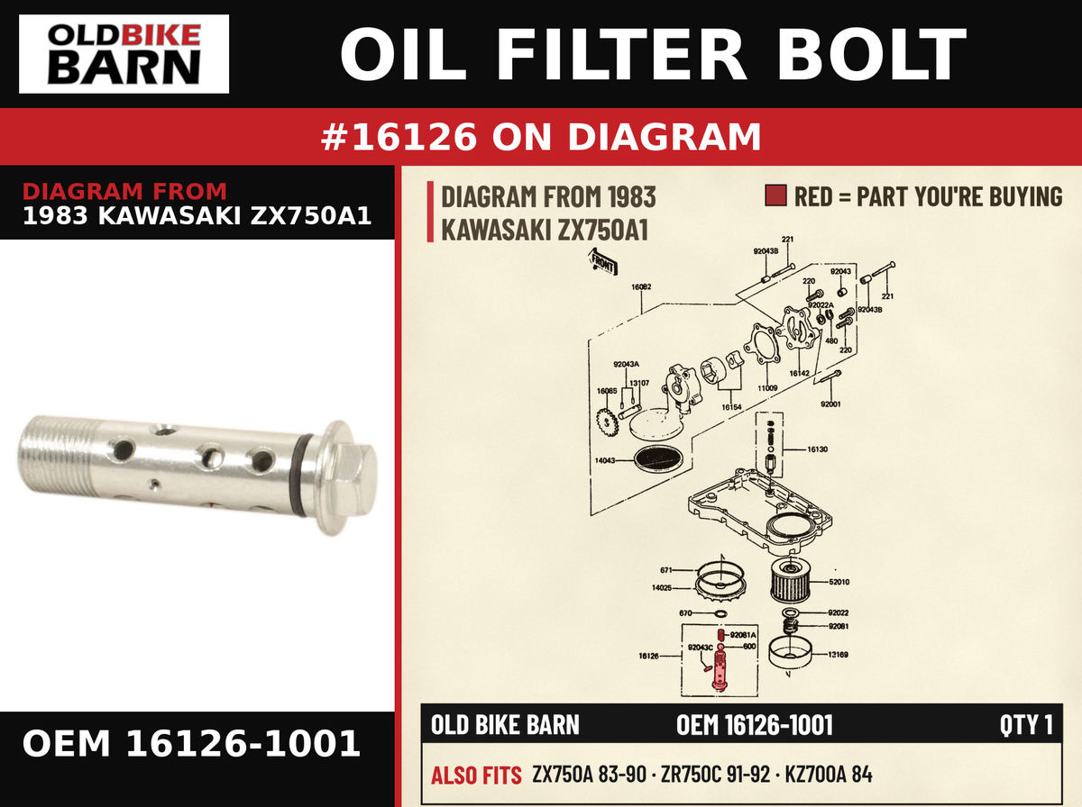 BOLT ASSY,OIL FILTER OEM 16126-1001 diagram #16126 from 1983 KAWASAKI ZX750A1 | Old Bike Barn