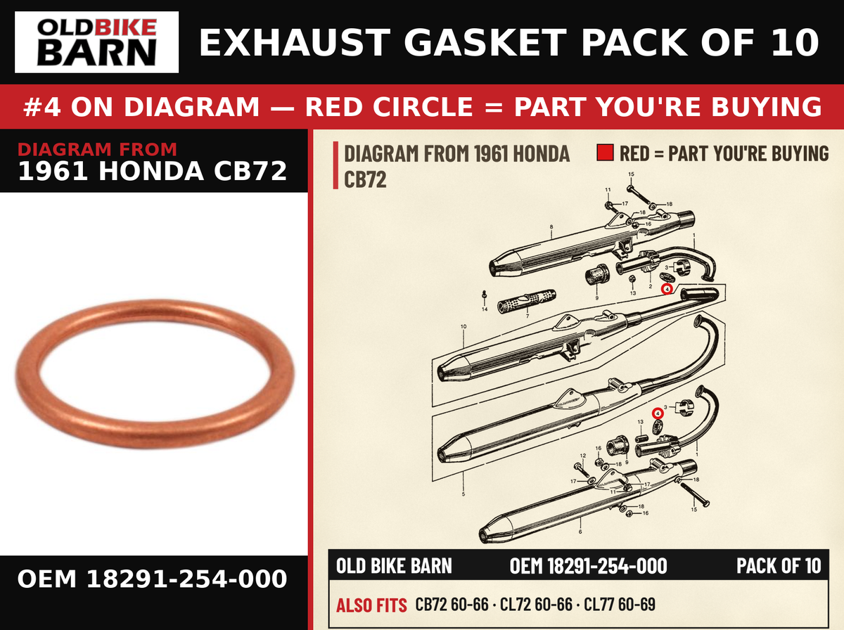 GASKET, EX. PIPE OEM 18291-254-000 diagram #4 from 1961 HONDA CB72 | Old Bike Barn
