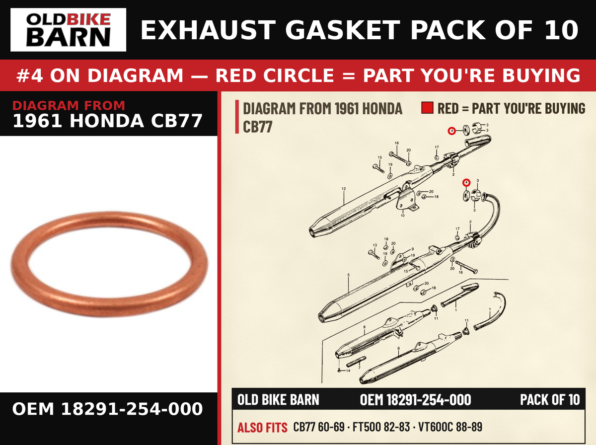 GASKET, EX. PIPE OEM 18291-254-000 diagram #4 from 1961 HONDA CB77 | Old Bike Barn