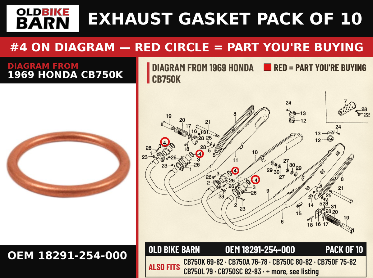 GASKET, EX. PIPE OEM 18291-254-000 diagram #4 from 1969 HONDA CB750K | Old Bike Barn