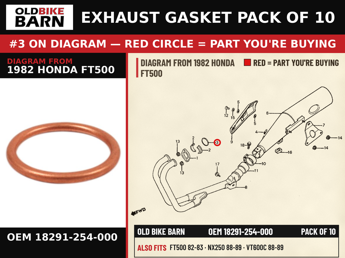 GASKET, EX. PIPE OEM 18291-254-000 diagram #3 from 1982 HONDA FT500 | Old Bike Barn