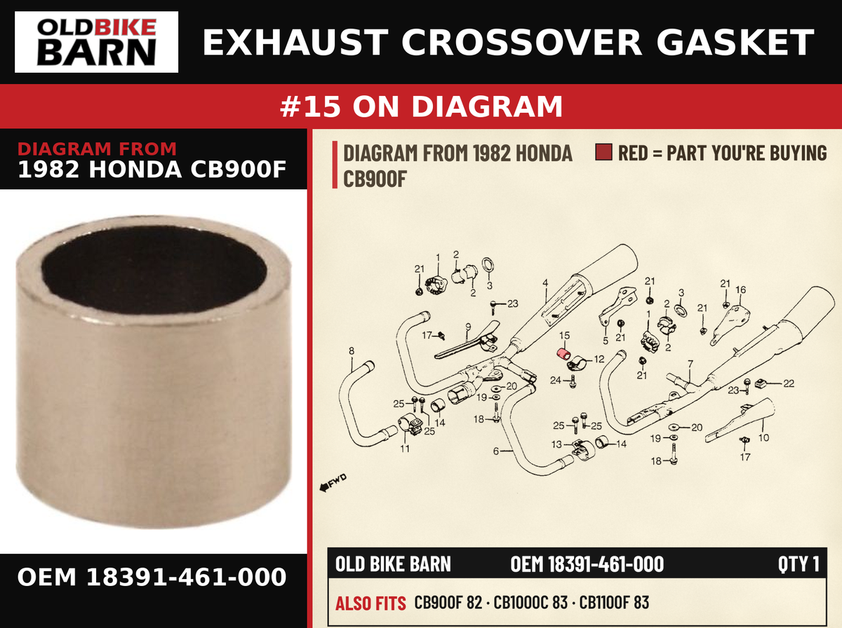 GASKET, MUFFLER OEM 18391-461-000 diagram #15 from 1982 HONDA CB900F | Old Bike Barn