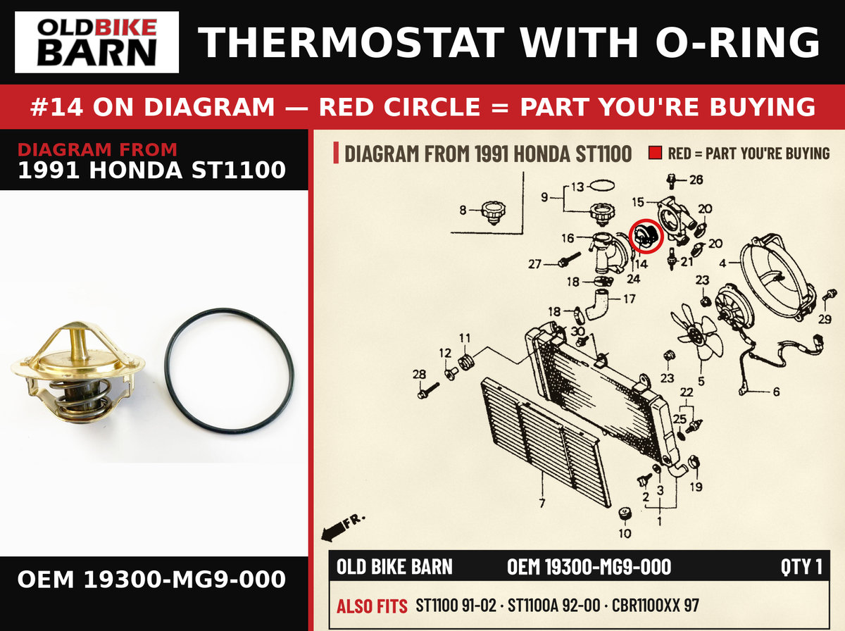 THERMOSTAT OEM 19300-MG9-000 diagram #14 from 1991 HONDA ST1100 | Old Bike Barn