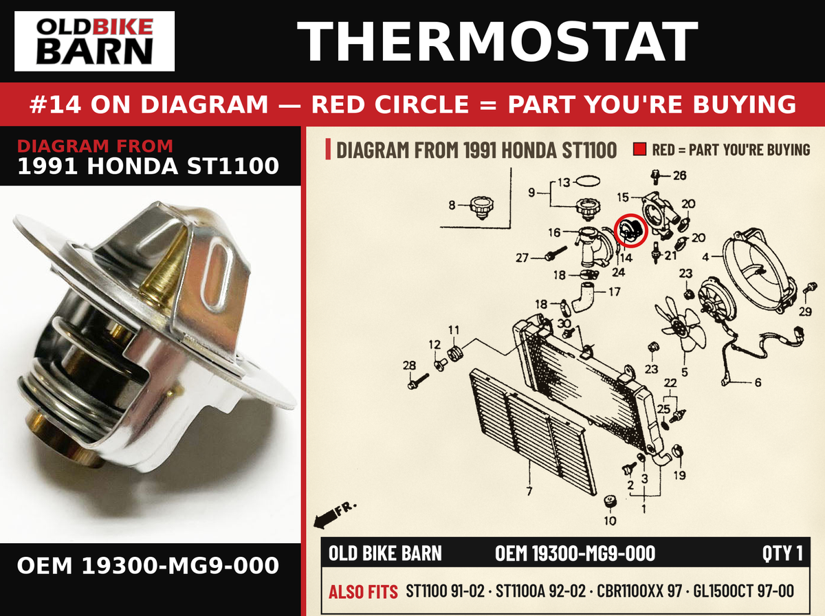 THERMOSTAT OEM 19300-MG9-000 diagram #14 from 1991 HONDA ST1100 | Old Bike Barn
