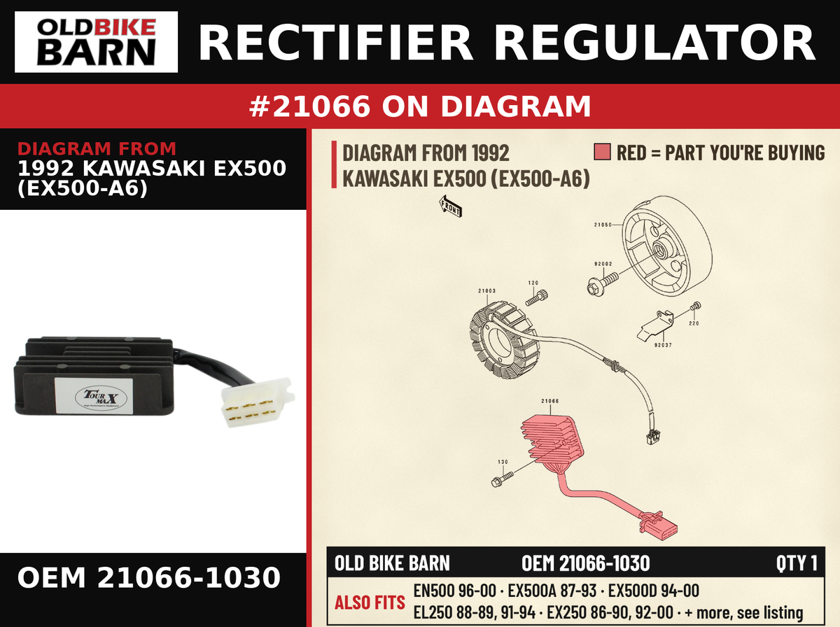 REGULATOR-VOLTAGE OEM 21066-1030 diagram #21066 from 1992 KAWASAKI EX500 (EX500-A6) | Old Bike Barn