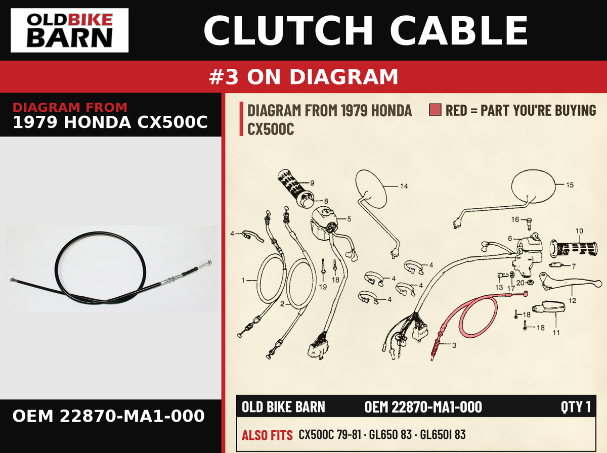 CABLE COMP,CLUTCH OEM 22870-MA1-000 diagram #3 from 1979 HONDA CX500C | Old Bike Barn