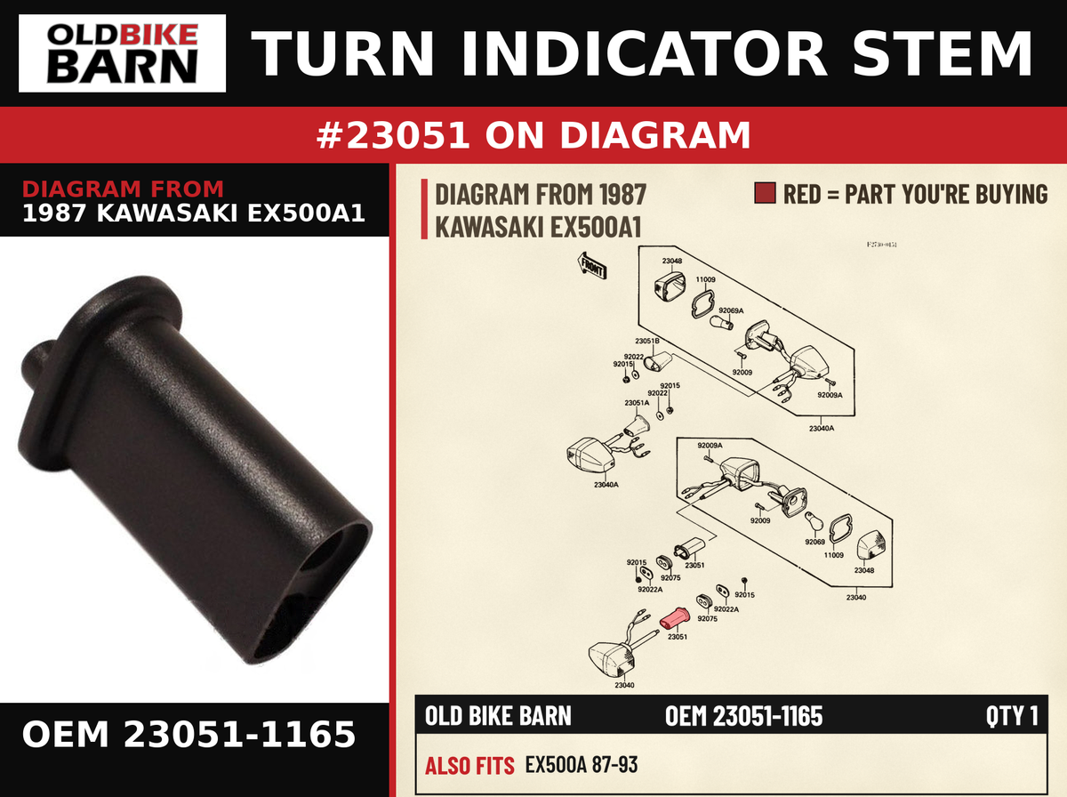 BRACKET-SIGNAL LAMP,R OEM 23051-1165 diagram #23051 from 1987 KAWASAKI EX500A1 | Old Bike Barn