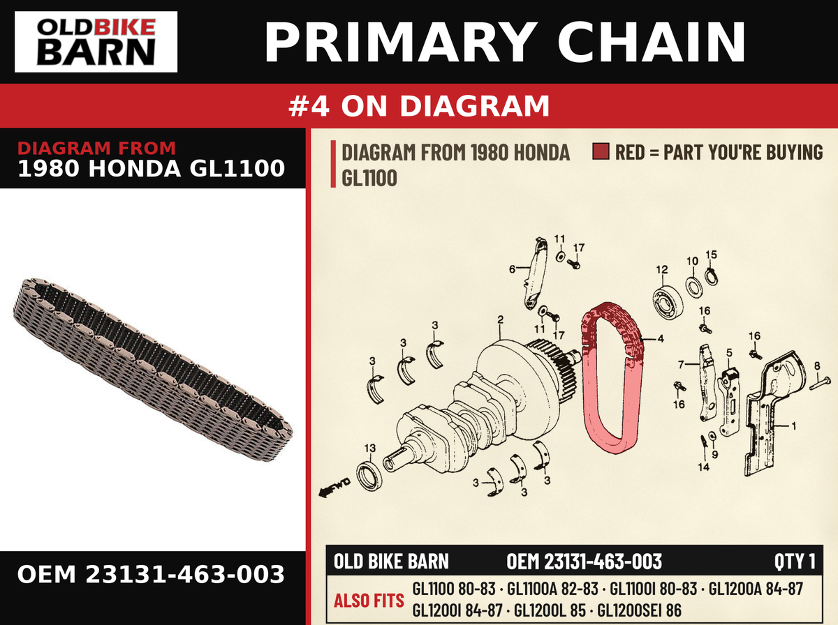 CHAIN, PRIMARY DRIVE OEM 23131-463-003 diagram #4 from 1980 HONDA GL1100 | Old Bike Barn
