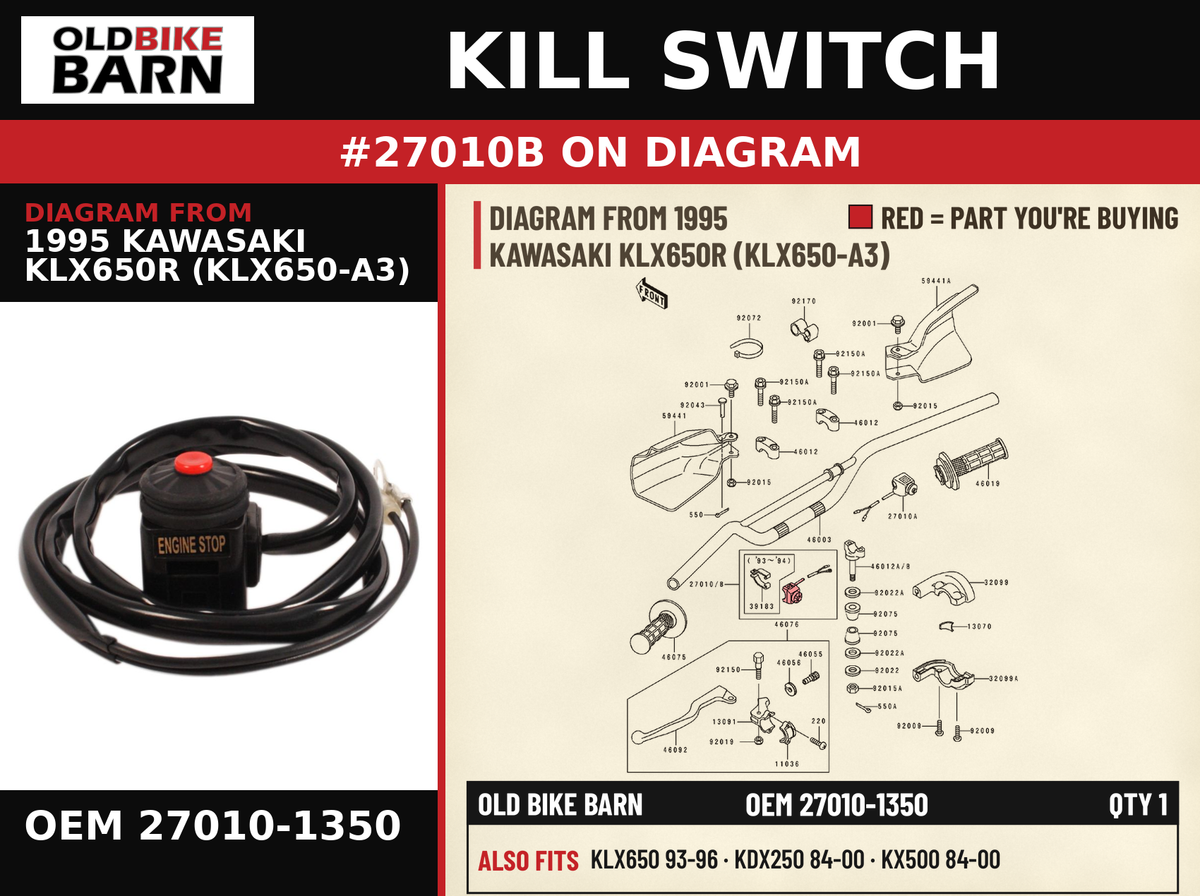 KILL SWITCH OEM 27010-1350 diagram #27010B from 1995 KAWASAKI KLX650R (KLX650-A3) | Old Bike Barn