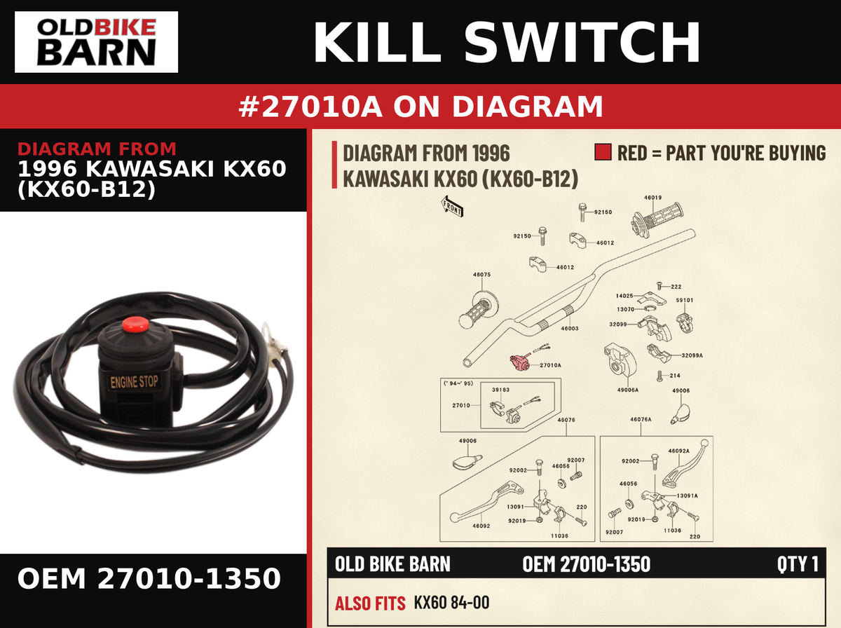KILL SWITCH OEM 27010-1350 diagram #27010A from 1996 KAWASAKI KX60 (KX60-B12) | Old Bike Barn