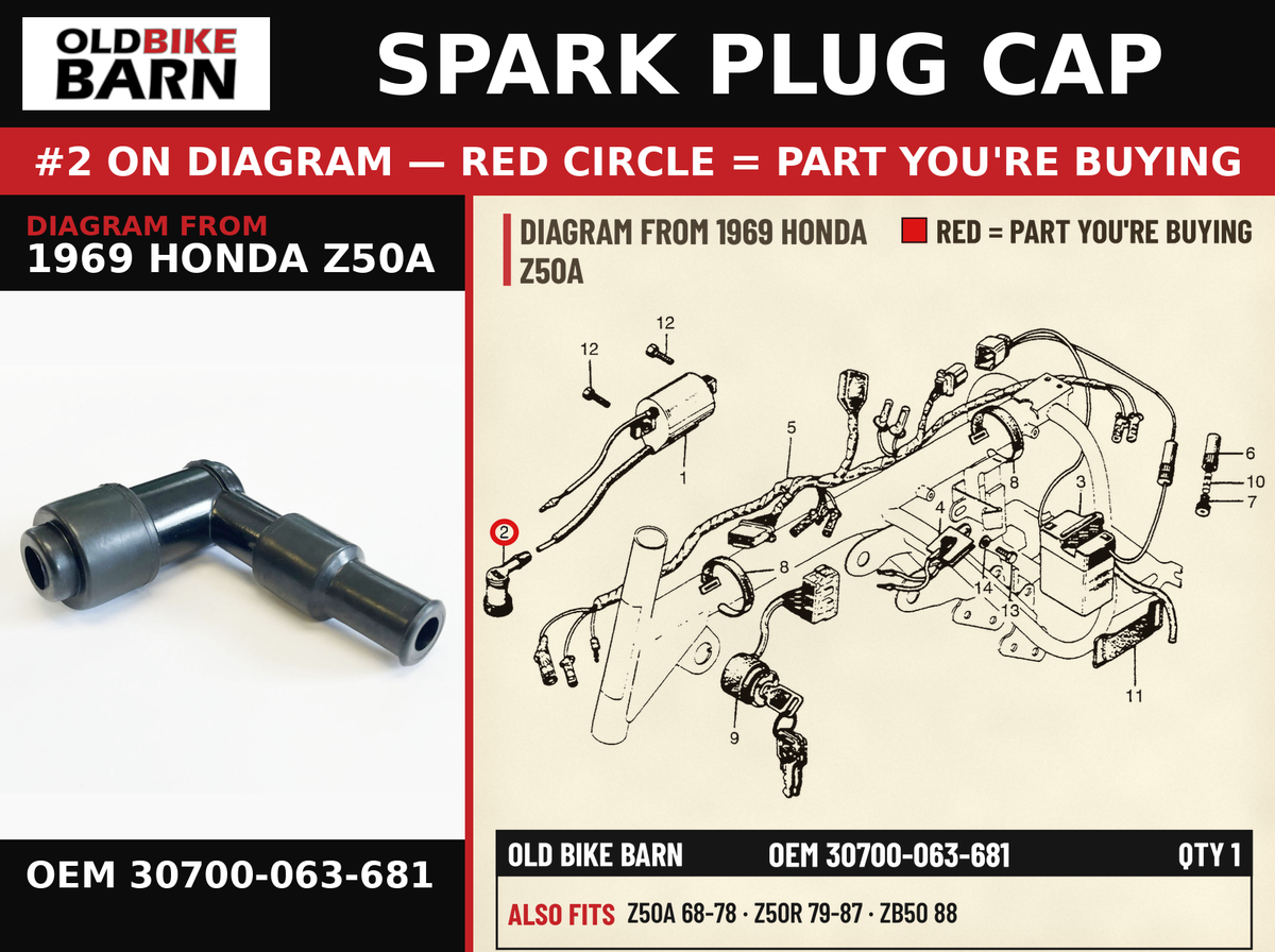 CAP ASSY., NOISE SUPPRESSOR (NICHIRIN) OEM 30700-063-681 diagram #2 from 1969 HONDA Z50A | Old Bike Barn