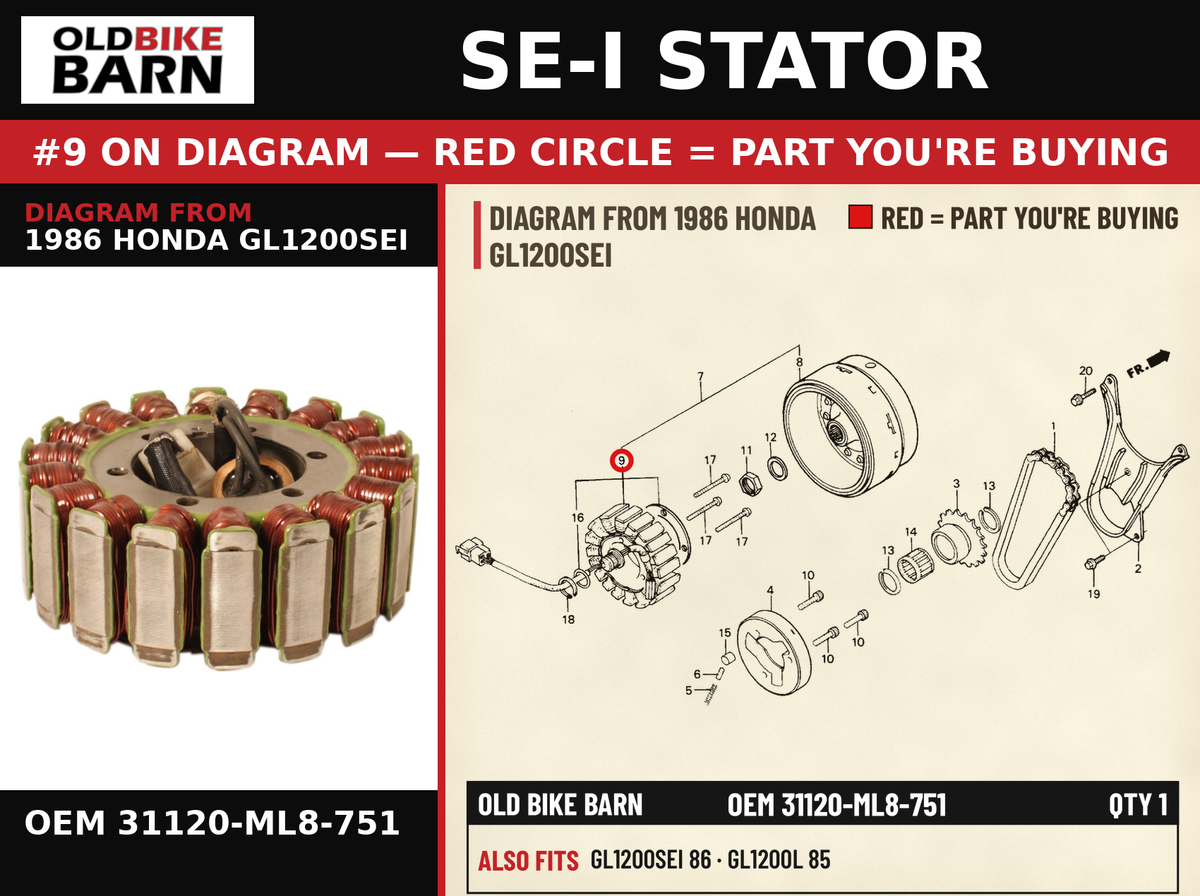 STATOR OEM 31120-ML8-751 diagram #9 from 1986 HONDA GL1200SEI | Old Bike Barn