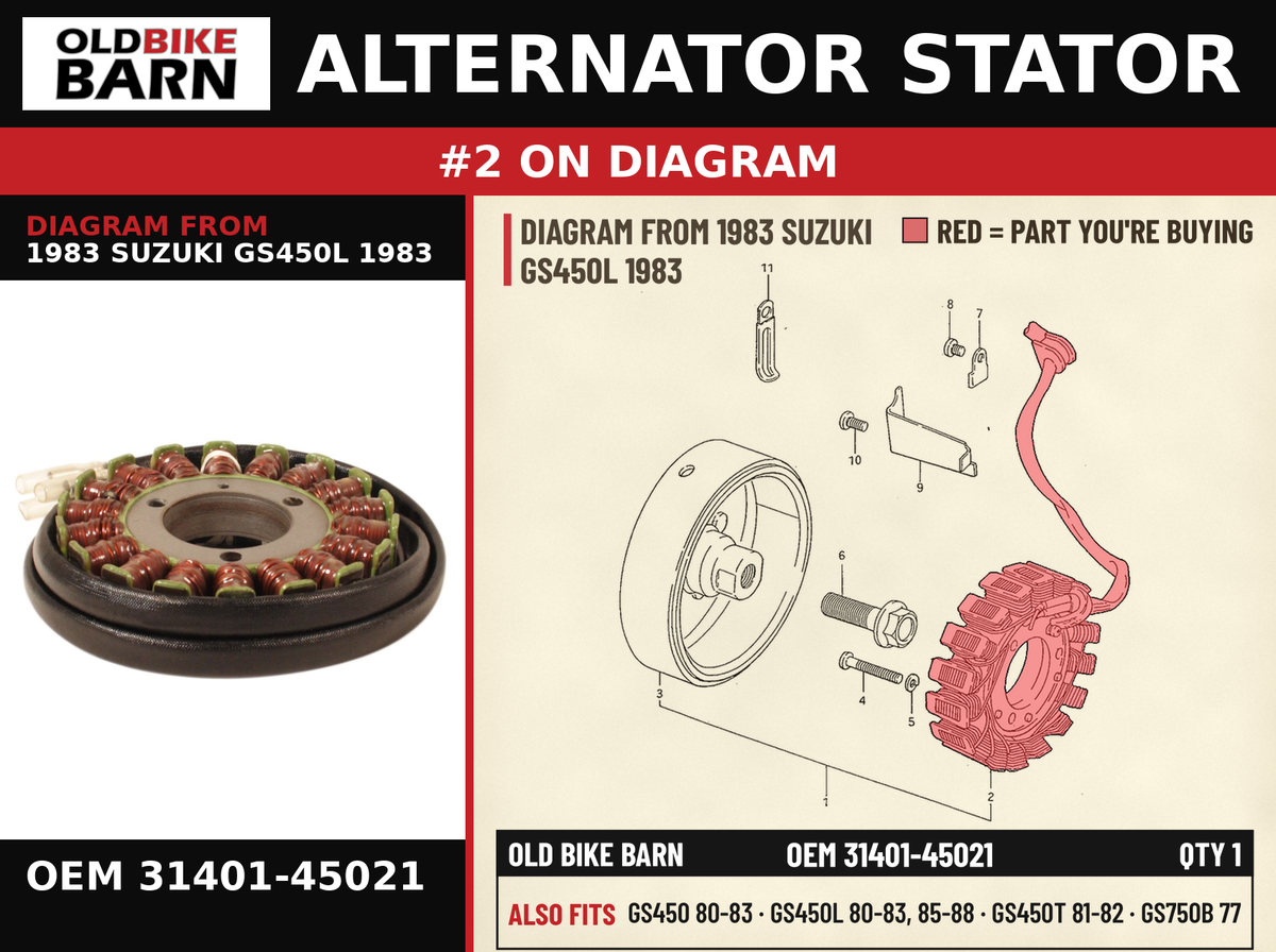 ALTERNATOR STATOR OEM 31401-45021 diagram #2 from 1983 SUZUKI GS450L 1983 | Old Bike Barn