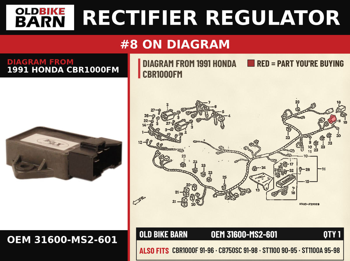 RECTIFIER ASSY.,  REGULATE OEM 31600-MS2-601 diagram #8 from 1991 HONDA CBR1000FM | Old Bike Barn