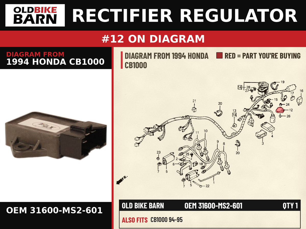 RECTIFIER ASSY., REGULATE OEM 31600-MS2-601 diagram #12 from 1994 HONDA CB1000 | Old Bike Barn