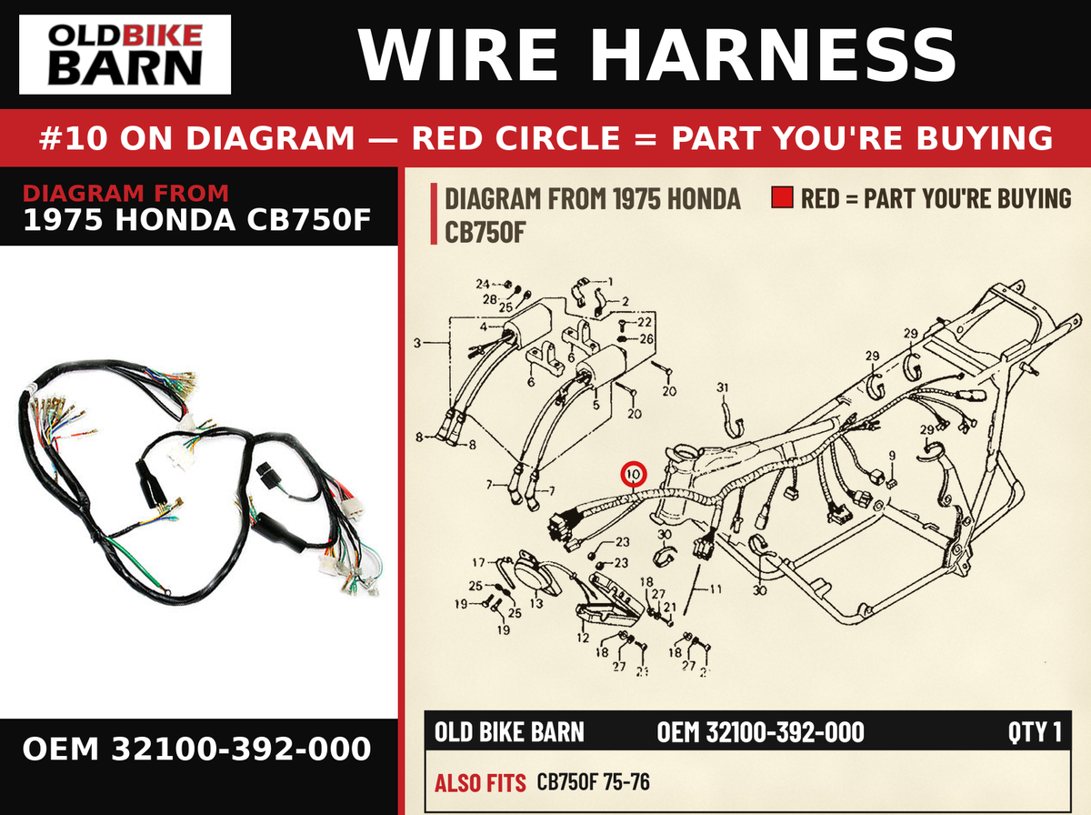 HARNESS, WIRE OEM 32100-392-000 diagram #10 from 1975 HONDA CB750F | Old Bike Barn