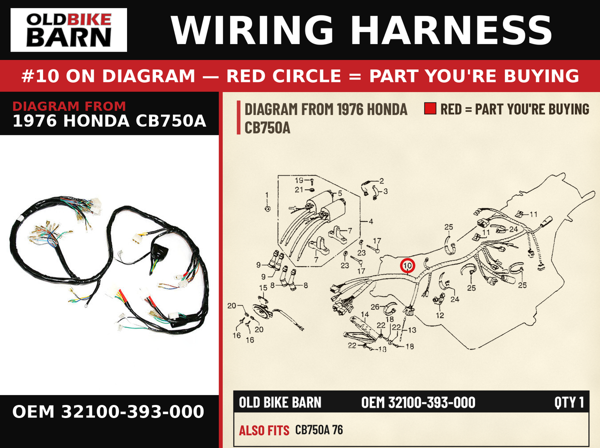 HARNESS,WIRE OEM 32100-393-000 diagram #10 from 1976 HONDA CB750A | Old Bike Barn