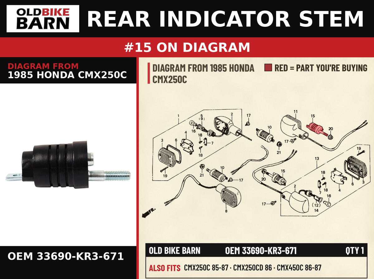 STAY, RR. TURN SIGNAL OEM 33690-KR3-671 diagram #15 from 1985 HONDA CMX250C | Old Bike Barn