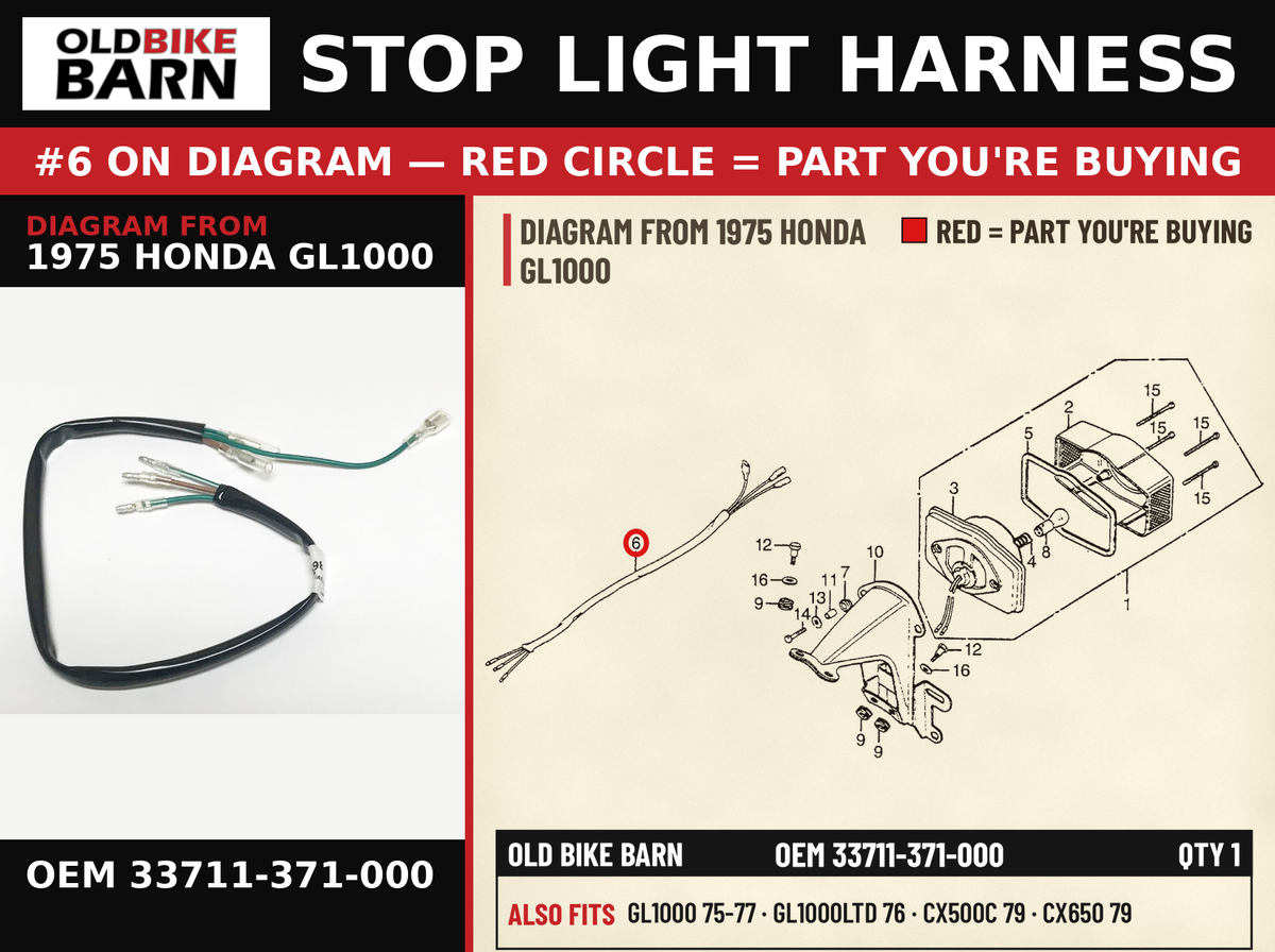 WIRE, TAILLIGHT OEM 33711-371-000 diagram #6 from 1975 HONDA GL1000 | Old Bike Barn