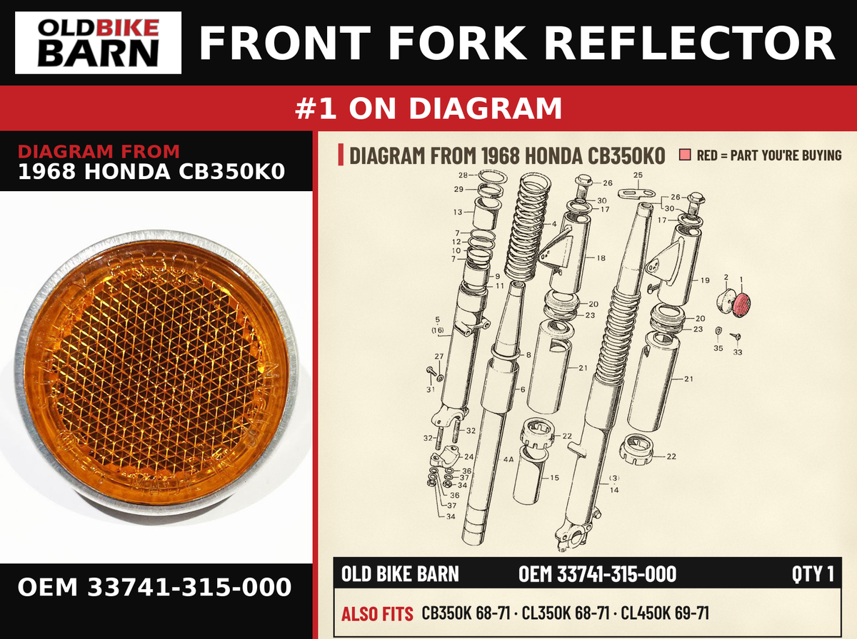 REFLECTOR FRONT OEM 33741-315-000 diagram #1 from 1968 HONDA CB350K0 | Old Bike Barn