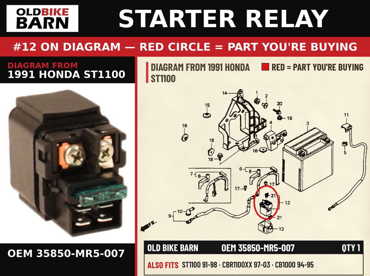 STARTER RELAY OEM 35850-MR5-007 diagram #12 from 1991 HONDA ST1100 | Old Bike Barn