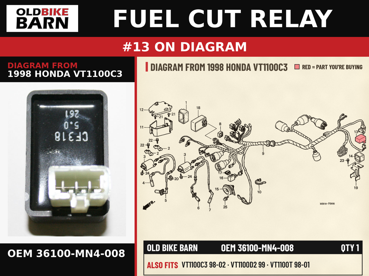 RELAY, FUEL CUT (SHINDENGEN) OEM 36100-MN4-008 diagram #13 from 1998 HONDA VT1100C3 | Old Bike Barn