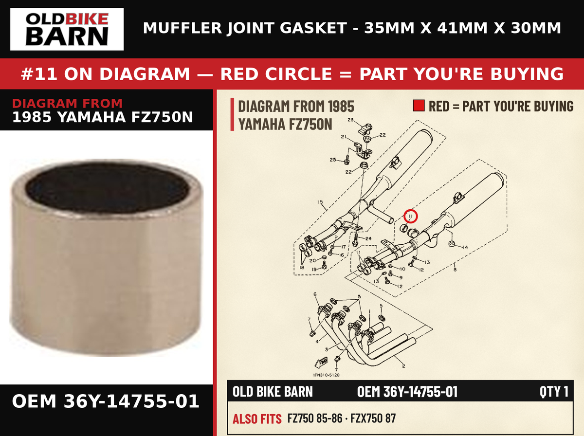 GASKET, SILENCER OEM 36Y-14755-01 diagram #11 from 1985 YAMAHA FZ750N | Old Bike Barn