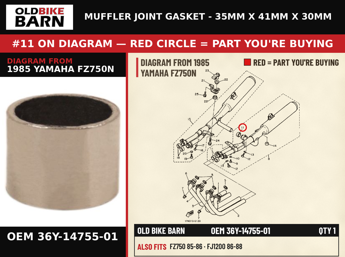 GASKET, SILENCER OEM 36Y-14755-01 diagram #11 from 1985 YAMAHA FZ750N | Old Bike Barn