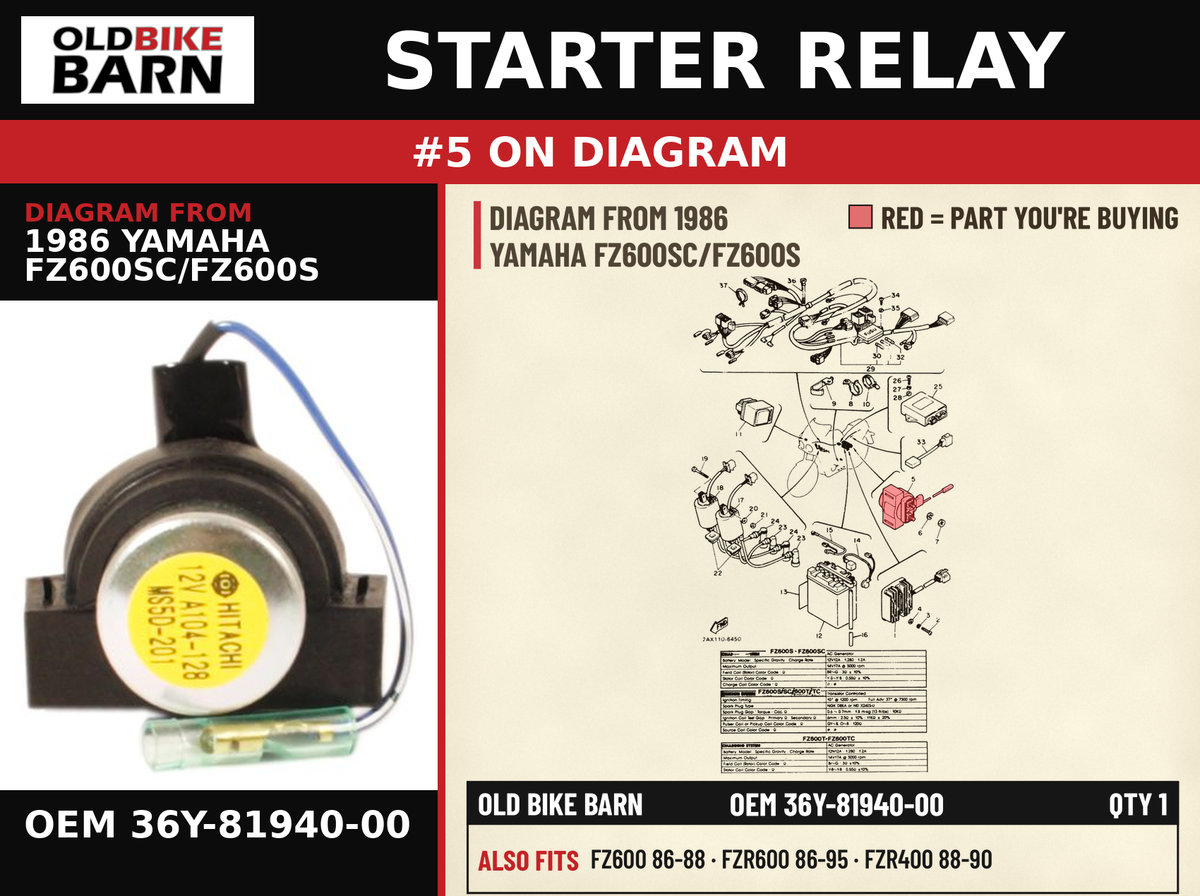 STARTER RELAY ASSY OEM 36Y-81940-00 diagram #5 from 1986 YAMAHA FZ600SC/FZ600S | Old Bike Barn