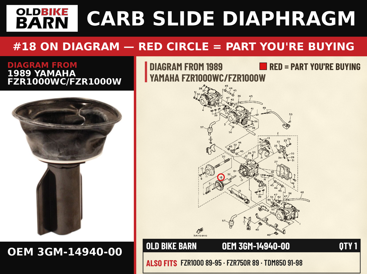 DIAPHRAGM ASSEMBLY OEM 3GM-14940-00 diagram #18 from 1989 YAMAHA FZR1000WC/FZR1000W | Old Bike Barn