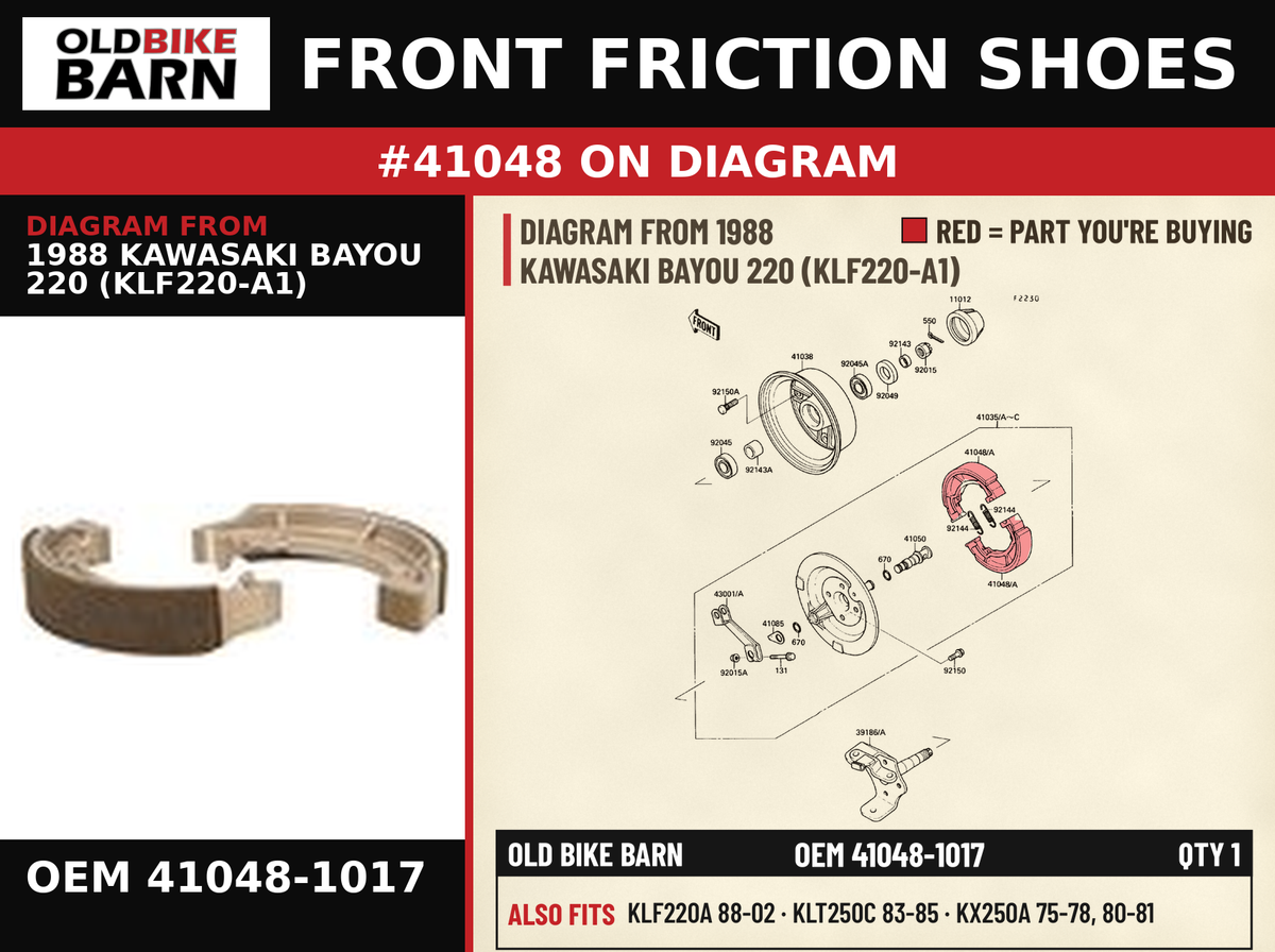 FRONT FRICTION SHOES OEM 41048-1017 diagram #41048 from 1988 KAWASAKI BAYOU 220 (KLF220-A1) | Old Bike Barn