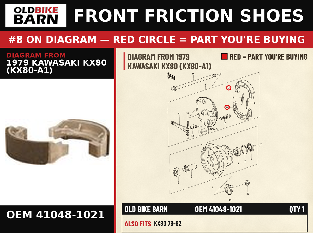 SHOE,BRAKE OEM 41048-1021 diagram #8 from 1979 KAWASAKI KX80 (KX80-A1) | Old Bike Barn