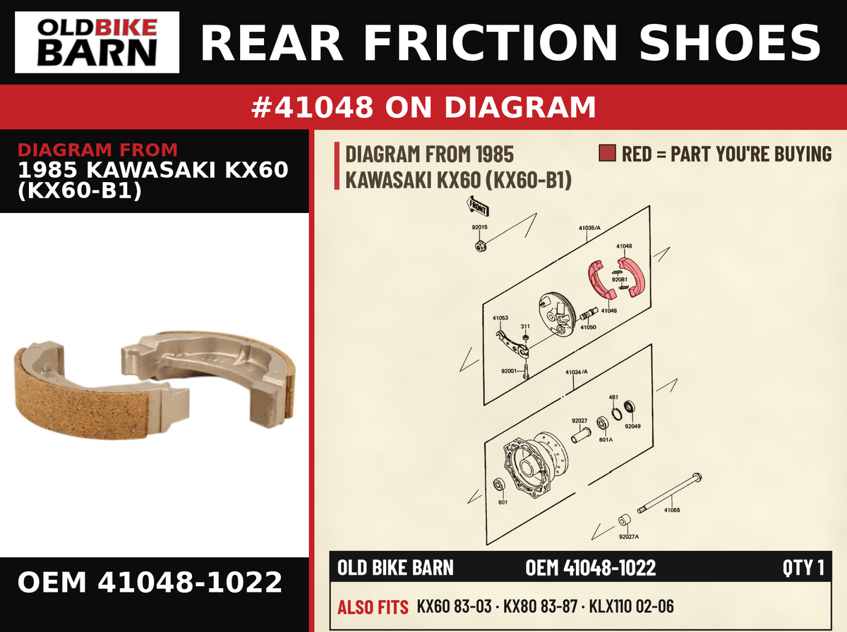 SHOE-BRAKE OEM 41048-1022 diagram #41048 from 1985 KAWASAKI KX60 (KX60-B1) | Old Bike Barn
