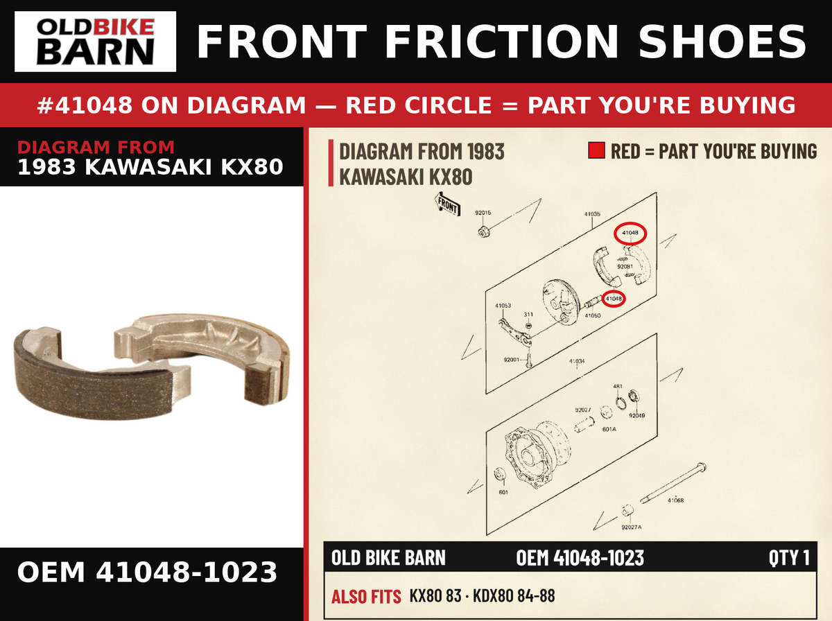 SHOE-BRAKE,FR (MCA) OEM 41048-1023 diagram #41048 from 1983 KAWASAKI KX80 | Old Bike Barn