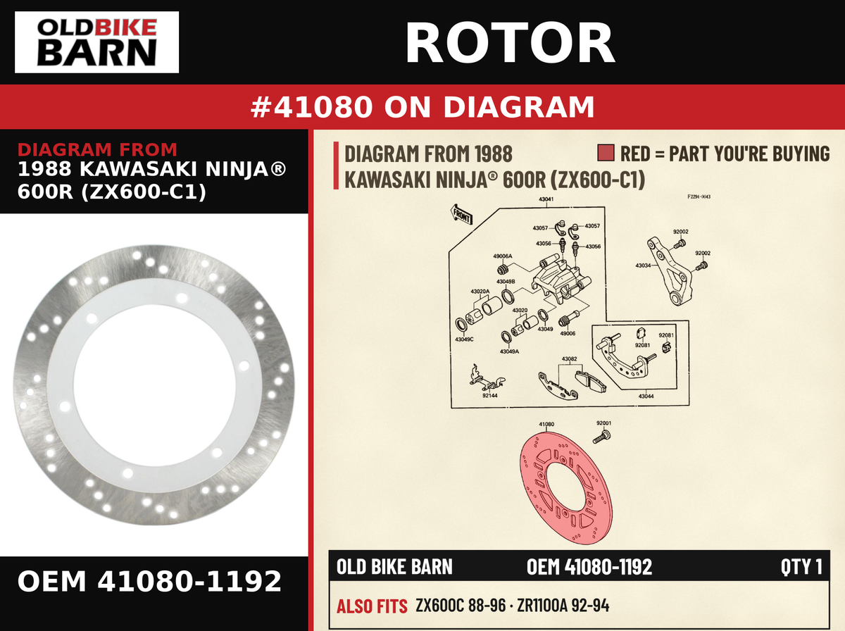 DISC,RR OEM 41080-1192 diagram #41080 from 1988 KAWASAKI NINJA® 600R (ZX600-C1) | Old Bike Barn