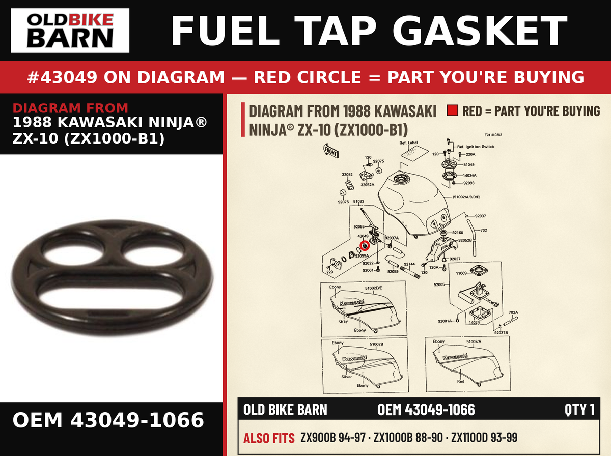 FUEL TAP GASKET OEM 43049-1066 diagram #43049 from 1988 KAWASAKI NINJA® ZX-10 (ZX1000-B1) | Old Bike Barn