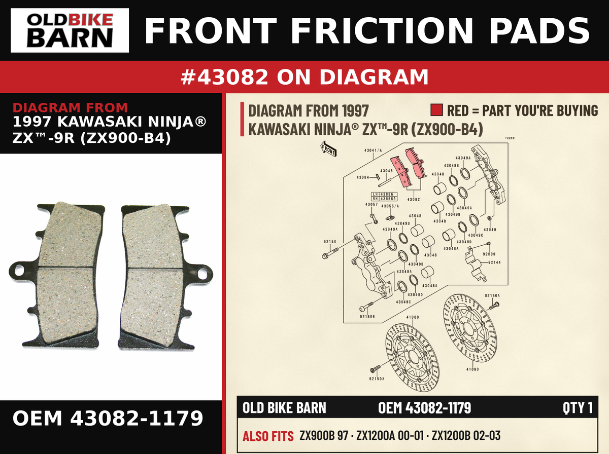 FRONT FRICTION PADS OEM 43082-1179 diagram #43082 from 1997 KAWASAKI NINJA® ZX™-9R (ZX900-B4) | Old Bike Barn