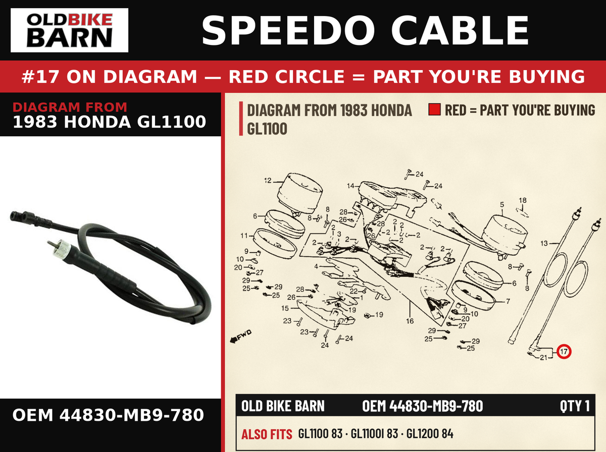 CABLE ASSY,SPDMT OEM 44830-MB9-780 diagram #17 from 1983 HONDA GL1100 | Old Bike Barn