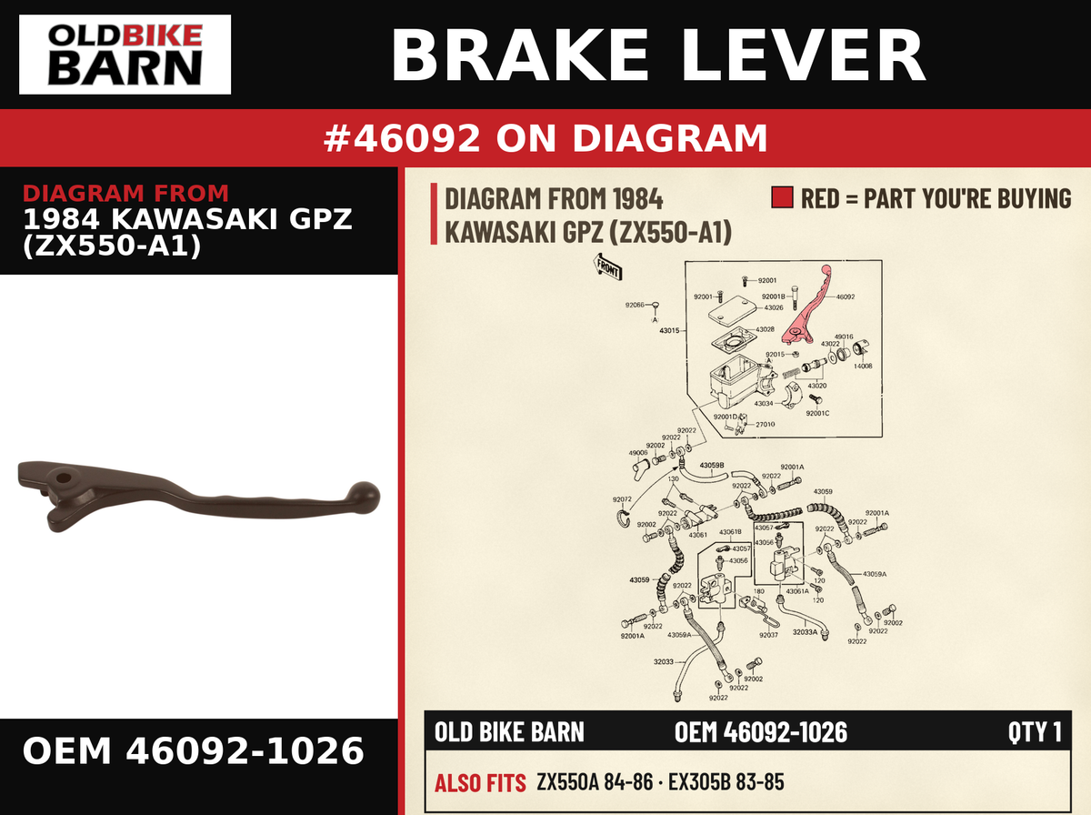 BRAKE LEVER OEM 46092-1026 diagram #46092 from 1984 KAWASAKI GPZ (ZX550-A1) | Old Bike Barn