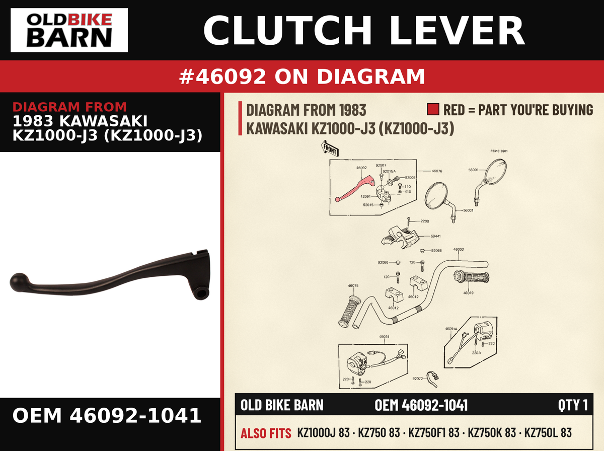 CLUTCH LEVER OEM 46092-1041 diagram #46092 from 1983 KAWASAKI KZ1000-J3 (KZ1000-J3) | Old Bike Barn