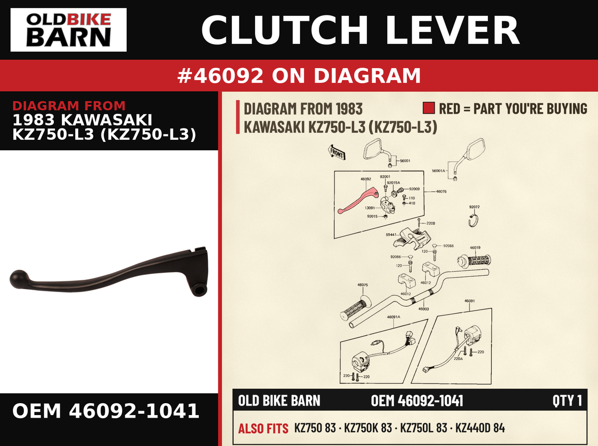 CLUTCH LEVER OEM 46092-1041 diagram #46092 from 1983 KAWASAKI KZ750-L3 (KZ750-L3) | Old Bike Barn