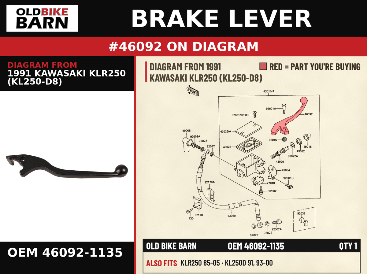 LEVER-GRIP,FRONT BRAKE OEM 46092-1135 diagram #46092 from 1991 KAWASAKI KLR250 (KL250-D8) | Old Bike Barn