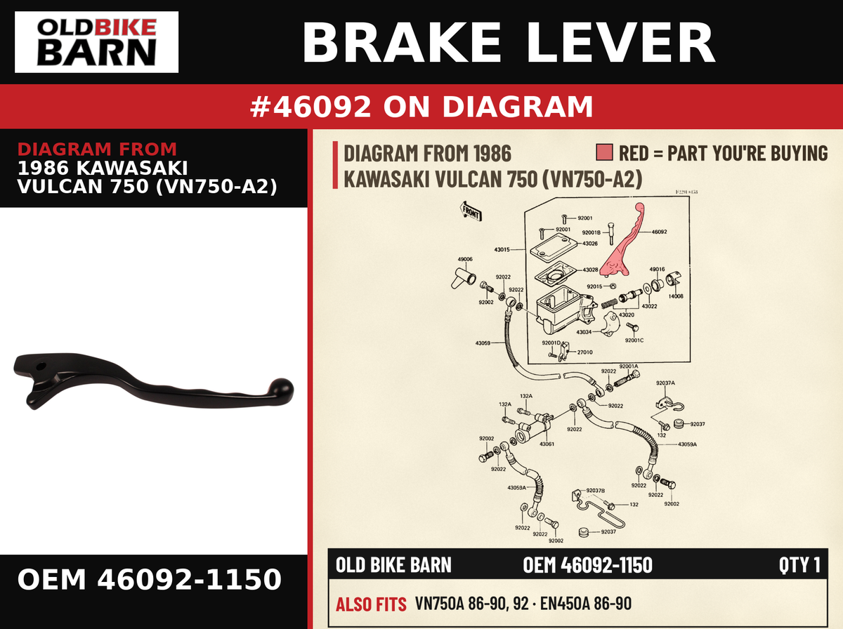 LEVER-GRIP,FRONT BRAKE OEM 46092-1150 diagram #46092 from 1986 KAWASAKI VULCAN 750 (VN750-A2) | Old Bike Barn