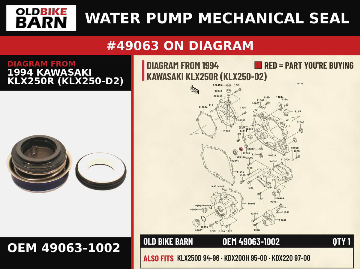 WATER PUMP MECHANICAL SEAL OEM 49063-1002 diagram #49063 from 1994 KAWASAKI KLX250R (KLX250-D2) | Old Bike Barn