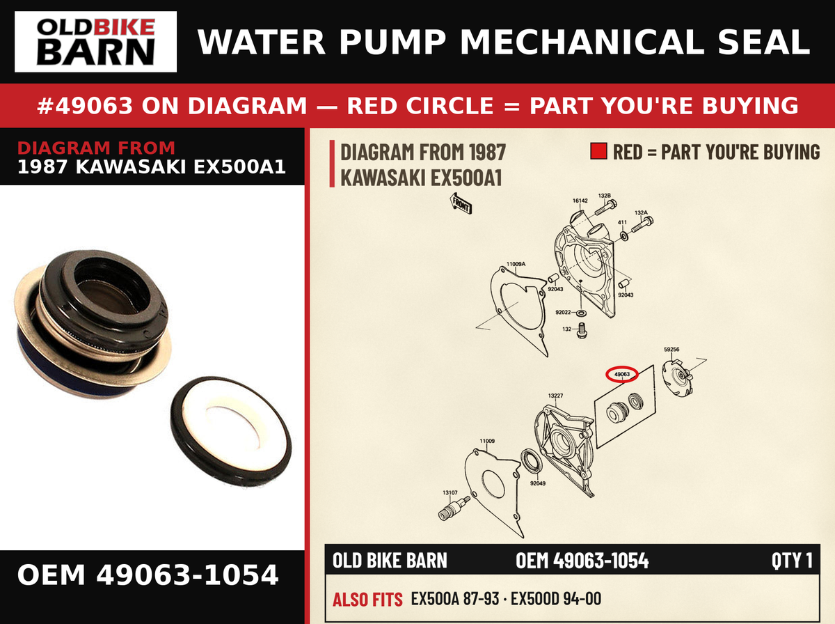 SEAL-MECHANICAL OEM 49063-1054 diagram #49063 from 1987 KAWASAKI EX500A1 | Old Bike Barn