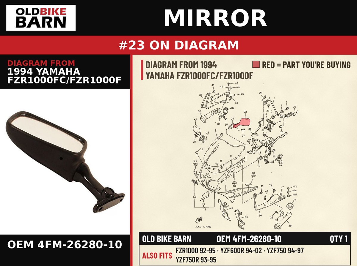 REAR VIEW MIRROR ASSY (LEFT) PART NOTE: BLACK OEM 4FM-26280-10 diagram #23 from 1994 YAMAHA FZR1000FC/FZR1000F | Old Bike Barn