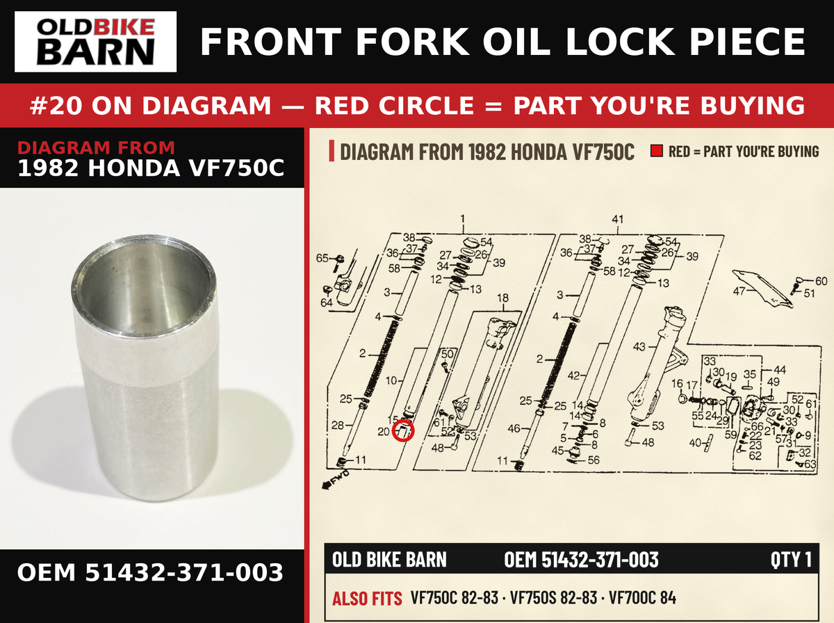 FRONT FORK OIL LOCK PIECE OEM 51432-371-003 diagram #20 from 1982 HONDA VF750C | Old Bike Barn