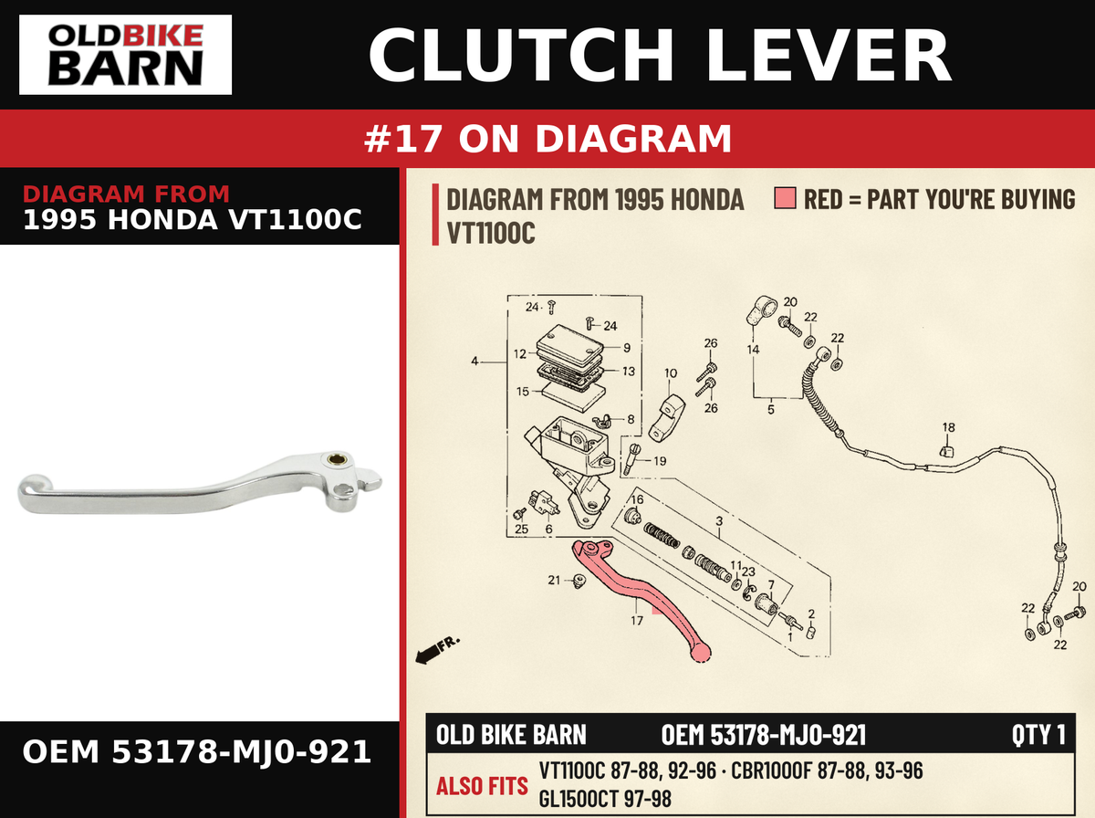 CLUTCH LEVER OEM 53178-MJ0-921 diagram #17 from 1995 HONDA VT1100C | Old Bike Barn
