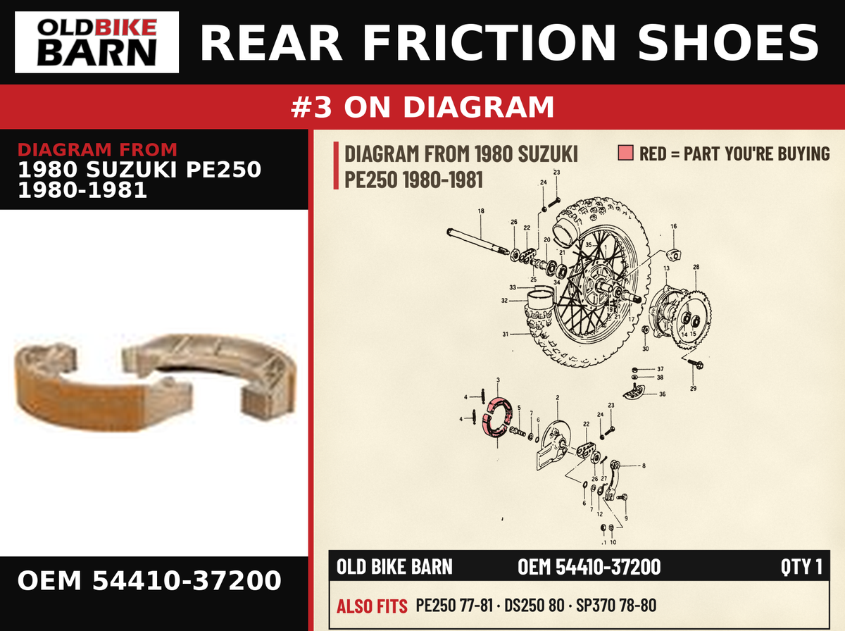 REAR FRICTION SHOES OEM 54410-37200 diagram #3 from 1980 SUZUKI PE250 1980-1981 | Old Bike Barn